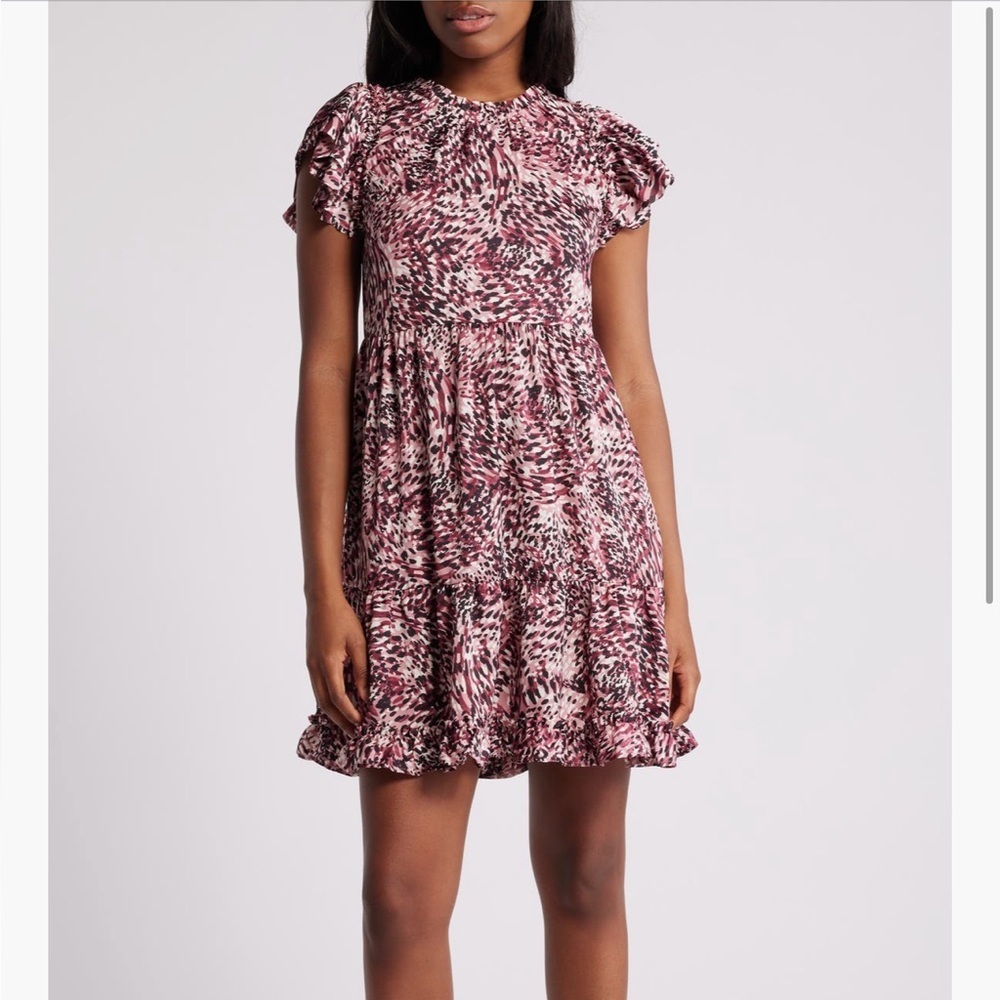 Chelsea28 Pink Animal Printed Puff Sleeve Tiered Satin Minidress Ladies XL